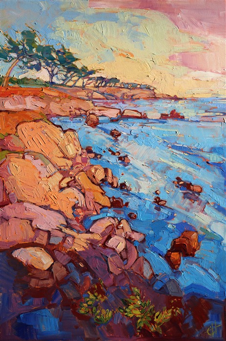 Monterey rocks burst in colors of lavender of sherbet orange in the early light of dawn. The brush strokes in this painting are loose and impressionistic.