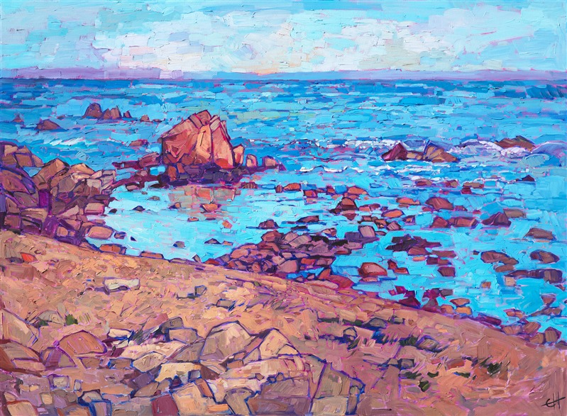 Warm colored sands against cerulean waters make for a compelling composition in this painting of Monterey, California.  The brush strokes in this painting are loose and impressionistic, creating a mosaic of color and texture across the canvas.</p><p>This painting has been framed in a contemporary gold floater frame finished in 23kt gold leaf.