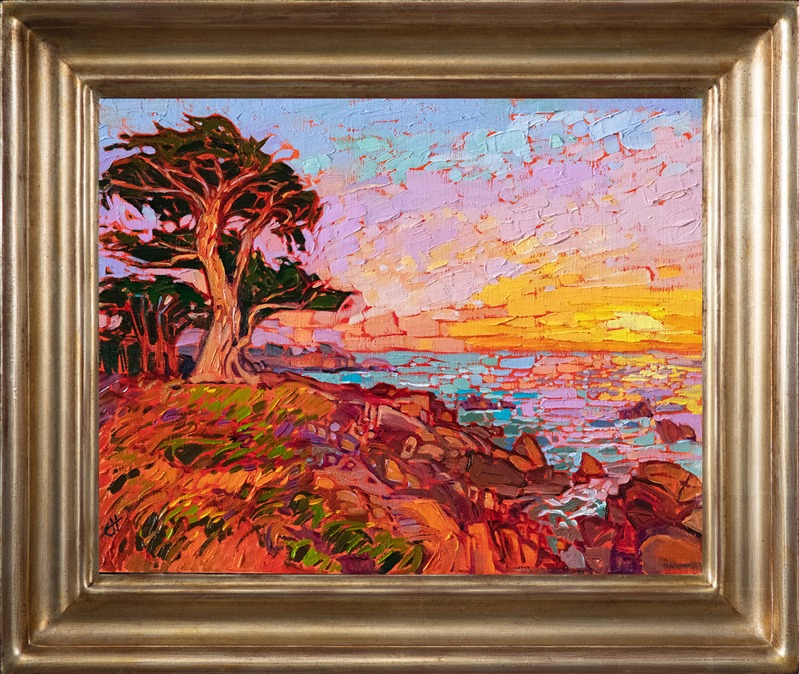 This painting captures a beautiful sunrise near Lover's Point, in Monterey, California. The warm colors of dawn reflect across the waters, scintillating with motion and light. The brush strokes in this oil painting are thickly applied, creating a stained glass effect upon the canvas.</p><p>"Monterey Waters" was created on fine linen board. The painting arrives framed in a custom-made, gold plein air frame.