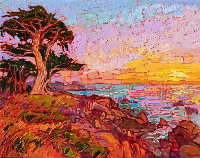 This painting captures a beautiful sunrise near Lover's Point, in Monterey, California. The warm colors of dawn reflect across the waters, scintillating with motion and light. The brush strokes in this oil painting are thickly applied, creating a stained glass effect upon the canvas.</p><p>"Monterey Waters" was created on fine linen board. The painting arrives framed in a custom-made, gold plein air frame.