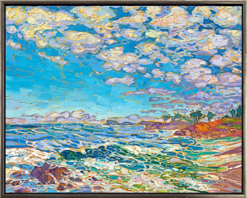 Abstract curves of ocean foam swirl and dance together in this colorful painting of Monterey's coastline. The rich hues of turquoise and blue are a beautiful contrast to the pearly white sea foam and fluffy clouds.  The brush strokes are loose and impressionistic, capturing the eternal movement of the sea.</p><p>"Monterey Waves" is an original oil painting created on stretched canvas. The piece arrives framed in a burnished silver floater frame, ready to hang.