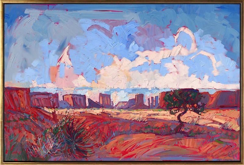 Hanson has always been drawn to the dramatic in landscapes, and nothing is as dramatic as the wide open desertscapes and majestic buttes of Utah and Arizona.  The landscape is almost too incredible to take in, and Hanson has painted it over and over, trying to recapture the magic she feels when she sees it in person.</p><p>This painting was included in the exhibition <i><a href="https://www.erinhanson.com/Event/ContemporaryImpressionismatGoddardCenter" target="_blank">Open Impressionism: The Works of Erin Hanson</i></a>, a 10-year retrospective and study of the development of Open Impressionism at The Goddard Center in Ardmore, OK. 