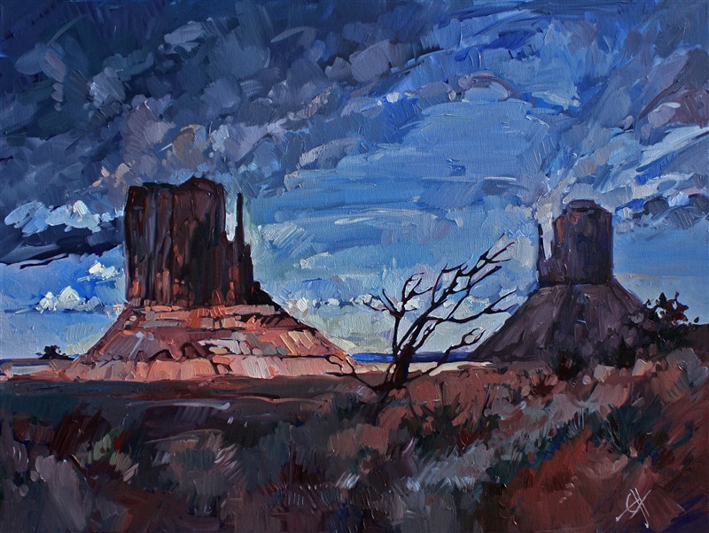 Last rays of sunlight hitting the mittens at Monument Valley. This painting captures the dramatic feeling everyone gets visiting Monument Valley. This early Erin Hanson work is now available for purchase (being sold on consignment.)