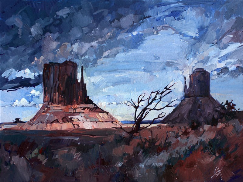 Last rays of sunlight hitting the mittens at Monument Valley. This painting captures the dramatic feeling everyone gets visiting Monument Valley.