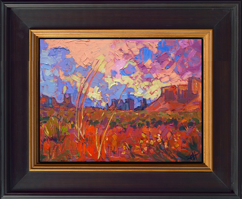 Monument Valley is the perfect place to find a dramatic desert sunset. This painting captures the vivid colors of late afternoon in a loose brush stroke.</p><p><B>PLEASE NOTE: This painting will be hanging at the Desert Caballeros Western Museum for their 19th annual Cowgirl Up exhibition. You may purchase this painting online, but the earliest we can ship your painting is September 3rd.</B><br/><p>