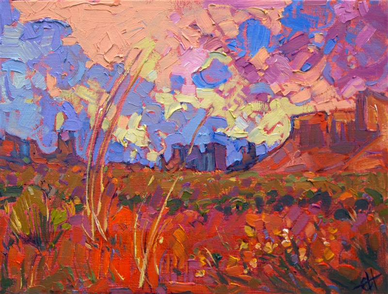 Monument Valley is the perfect place to find a dramatic desert sunset. This painting captures the vivid colors of late afternoon in a loose brush stroke.</p><p><B>PLEASE NOTE: This painting will be hanging at the Desert Caballeros Western Museum for their 19th annual Cowgirl Up exhibition. You may purchase this painting online, but the earliest we can ship your painting is September 3rd.</B><br/><p>