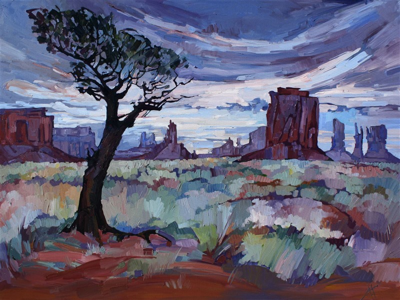 A purple sunset sky at Monument Valley, seen from Painters Point.