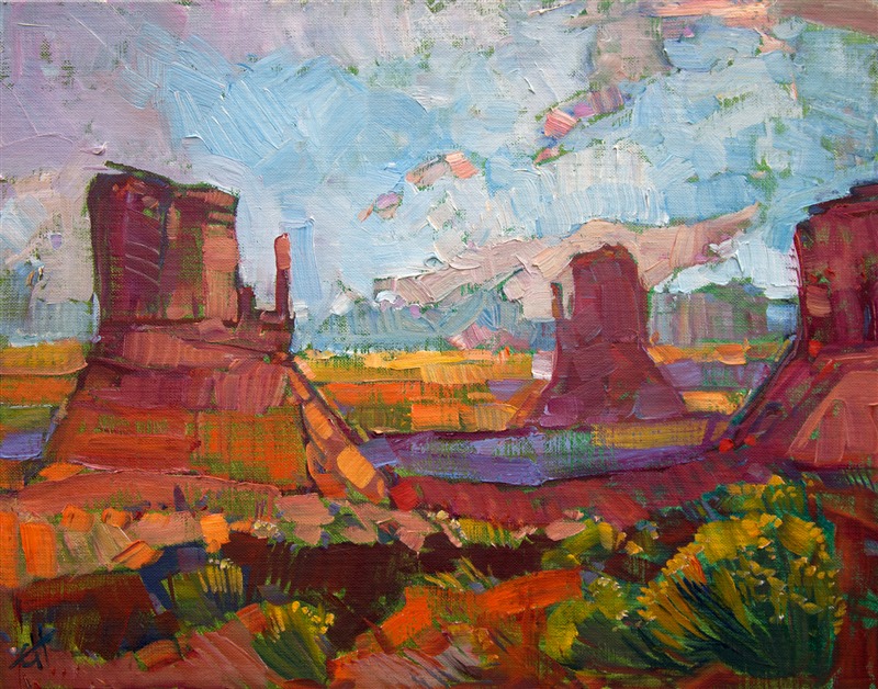 The magnificent landscape of Monument Valley is portrayed here in bold oils and a loose brush.