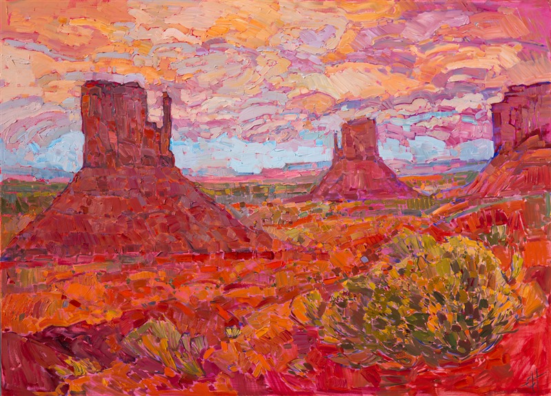 Monument Valley is portrayed on this canvas in warm shades of cadmium and magenta.  This contemporary impressionist painting is alive with color and texture, each impasto brush stroke adding to the overall motion and composition of the work.  </p><p>This painting has been framed in an Open Impressionist frame. Read more about the <a href="https://www.erinhanson.com/Blog?p=AboutErinHanson" target="_blank">painting's details here.</a></p><p>