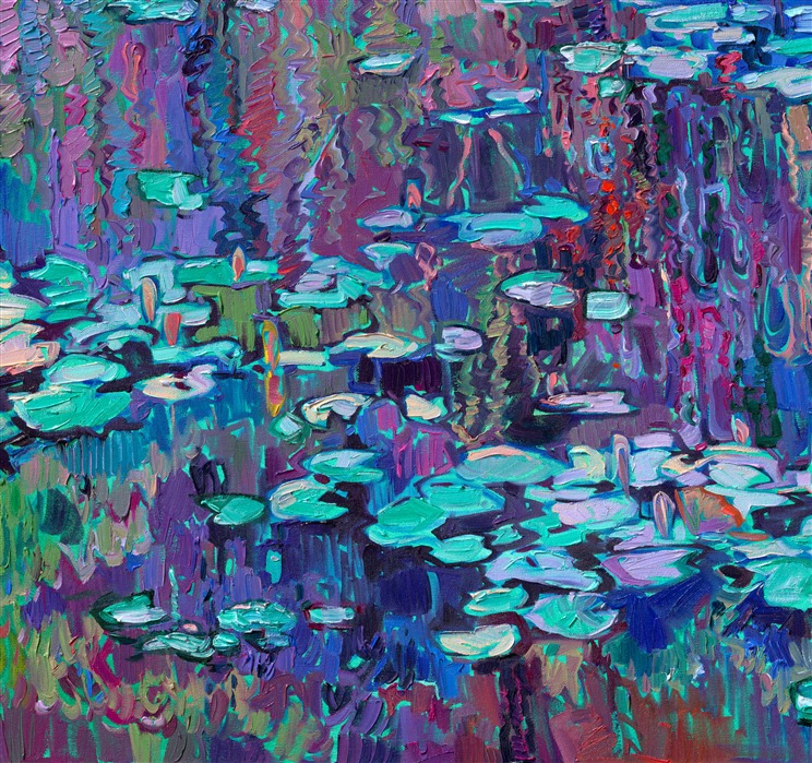 This painting of Monet's water lily pond captures the shimmering effect of moonlight against water lilies. The thick texture of the oil paint adds dimension and rhythm to the tranquil reflections. The rich color palette in this painting makes it the perfect addition to any room.