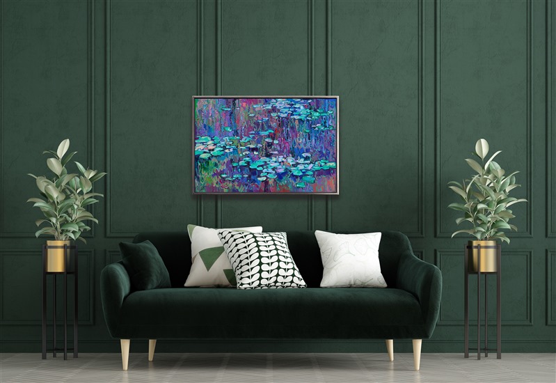 This painting of Monet's water lily pond captures the shimmering effect of moonlight against water lilies. The thick texture of the oil paint adds dimension and rhythm to the tranquil reflections. The rich color palette in this painting makes it the perfect addition to any room.