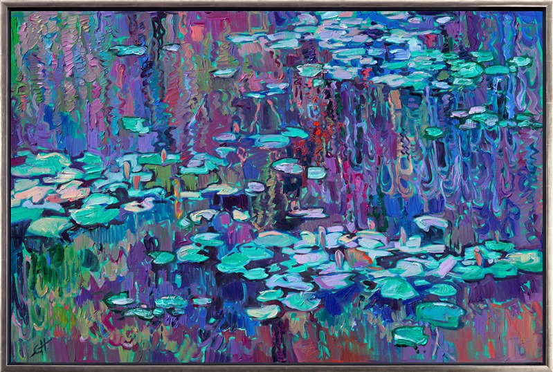This painting of Monet's water lily pond captures the shimmering effect of moonlight against water lilies. The thick texture of the oil paint adds dimension and rhythm to the tranquil reflections. The rich color palette in this painting makes it the perfect addition to any room.