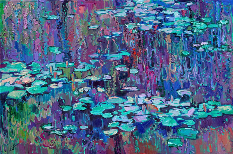 This painting of Monet's water lily pond captures the shimmering effect of moonlight against water lilies. The thick texture of the oil paint adds dimension and rhythm to the tranquil reflections. The rich color palette in this painting makes it the perfect addition to any room.