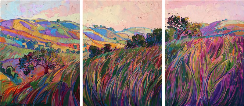 Paso Robles spreads across these three canvases in a continuous glow of color and texture. This painting is nine feet long, giving a stunning glimpse of California wine country. Each canvas panel is painted around the edges, creating a three-dimensional look that adds excitement to the painting.
