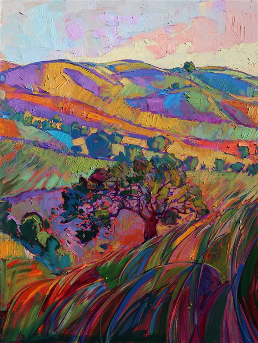 Paso Robles spreads across these three canvases in a continuous glow of color and texture. This painting is nine feet long, giving a stunning glimpse of California wine country. Each canvas panel is painted around the edges, creating a three-dimensional look that adds excitement to the painting.