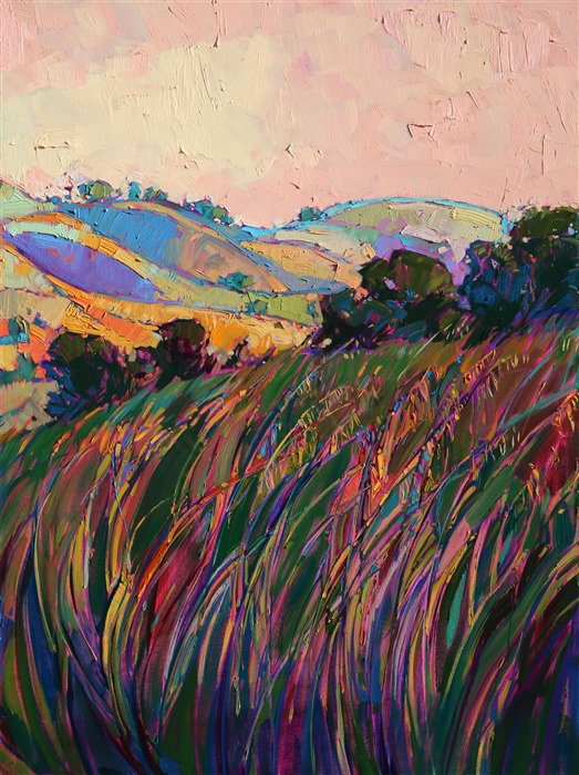 Paso Robles spreads across these three canvases in a continuous glow of color and texture. This painting is nine feet long, giving a stunning glimpse of California wine country. Each canvas panel is painted around the edges, creating a three-dimensional look that adds excitement to the painting.