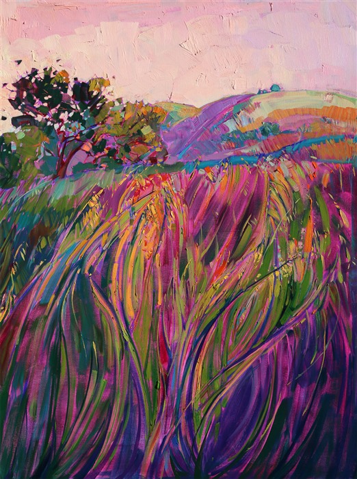 Paso Robles spreads across these three canvases in a continuous glow of color and texture. This painting is nine feet long, giving a stunning glimpse of California wine country. Each canvas panel is painted around the edges, creating a three-dimensional look that adds excitement to the painting.