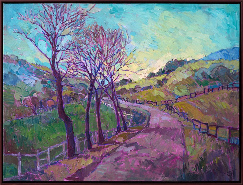 A foggy covering slowly lifts from this California landscape, the cool filtered light casting subtle shadows across the winding roads and cultivated hills.  The texture of the brush strokes gives an added dimension to the painting, its changing texture inviting the eye to move throughout the painting, exploring the juxtaposition of color and contrast.</p><p>This painting was created on a gallery-depth canvas with the painting continued around the edges. The painting will arrive in a dark hardwood floater frame, ready to hang.</p><p>Exhibited: <a href="http://westernmuseum.org/cowgirl-up/about//"><i>Cowgirl Up! Art from the Other Half of the West</i></a>, Desert Caballeros Western Museum, Wickenburg, AZ, 2016.<br/>