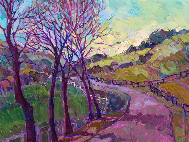 A foggy covering slowly lifts from this California landscape, the cool filtered light casting subtle shadows across the winding roads and cultivated hills.  The texture of the brush strokes gives an added dimension to the painting, its changing texture inviting the eye to move throughout the painting, exploring the juxtaposition of color and contrast.</p><p>This painting was created on a gallery-depth canvas with the painting continued around the edges. The painting will arrive in a dark hardwood floater frame, ready to hang.</p><p>Exhibited: <a href="http://westernmuseum.org/cowgirl-up/about//"><i>Cowgirl Up! Art from the Other Half of the West</i></a>, Desert Caballeros Western Museum, Wickenburg, AZ, 2016.<br/>