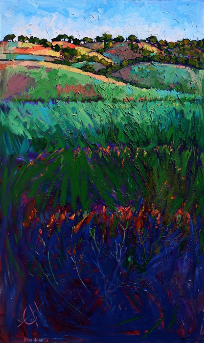 Multi-colored light plays across these hillsides near near Paso Robles. This dramatic painting stands five feet tall, with lots of underlying texture to add to the feel of the landscape.
