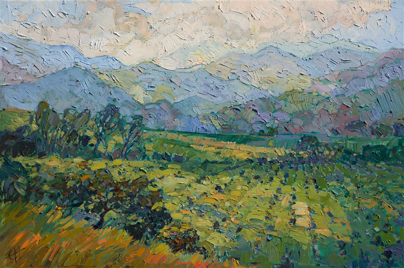 Central California's wine country is beautiful in the early morning, when the coastal mists start to rise from the cool hillsides.  This painting was inspired by a dawn drive around the landscape surrounding Los Olivos, California.</p><p>This painting was created on museum-depth canvas, with the painting continued around the edges of the stretched canvas. The painting arrives ready to hang, with framing optional.