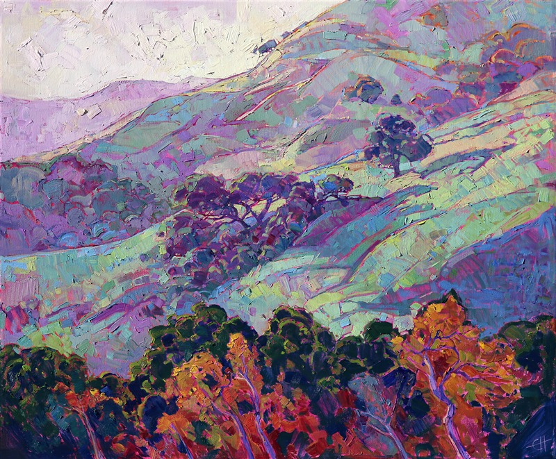 Driving from Cambria to Paso Robles on an early spring morning, watching the fog gradually lift from the dew-drenched hills, provided the inspiration for this painting. Soft purples and baby greens stretch into the distance, captured in bold brush strokes and vivid color.