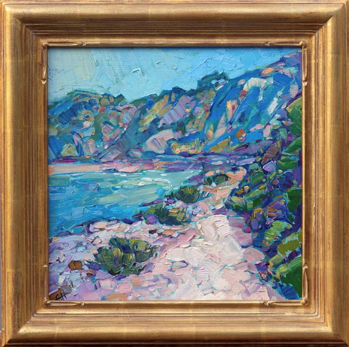 This painting of Palos Verdes brings back memories of an early morning stroll along a quiet beachside. The cool shadows are an inviting contrast against the warm white sand. The painting has evocative, energetic brush strokes that form a mosaic of color across the canvas.</p><p>This painting arrives framed in a Mayen Olson hand-carved frame, ready to hang.