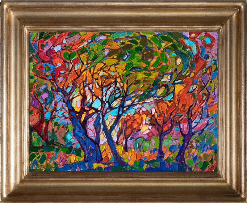 Rich hues of red and green dance together in this painting of Texas oaks. The mosaic texture of the painting pulls the eye along in a dance, following the pattern of the brush strokes.</p><p>"Mosaic Arbor" was created on 1/8" canvas board, and it arrives framed in a gold plein air frame.