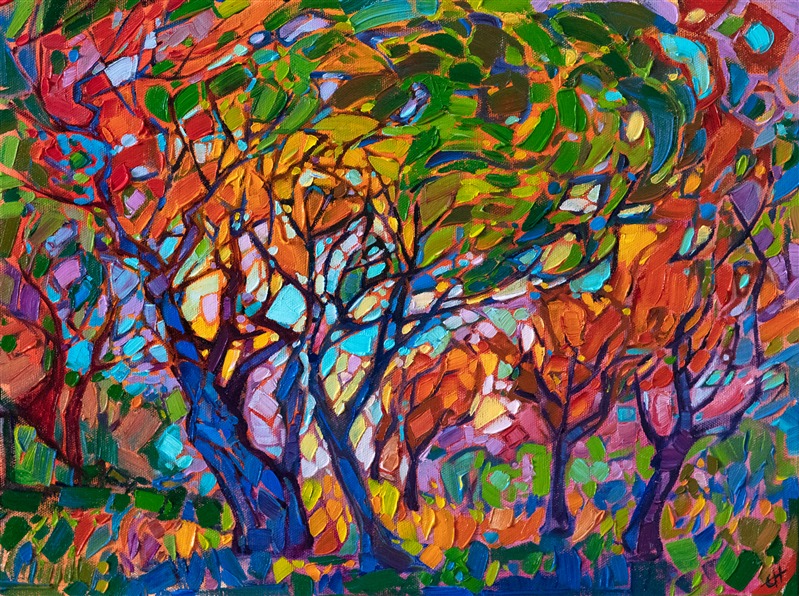 Rich hues of red and green dance together in this painting of Texas oaks. The mosaic texture of the painting pulls the eye along in a dance, following the pattern of the brush strokes.

"Mosaic Arbor" was created on 1/8" canvas board, and it arrives framed in a gold plein air frame.
