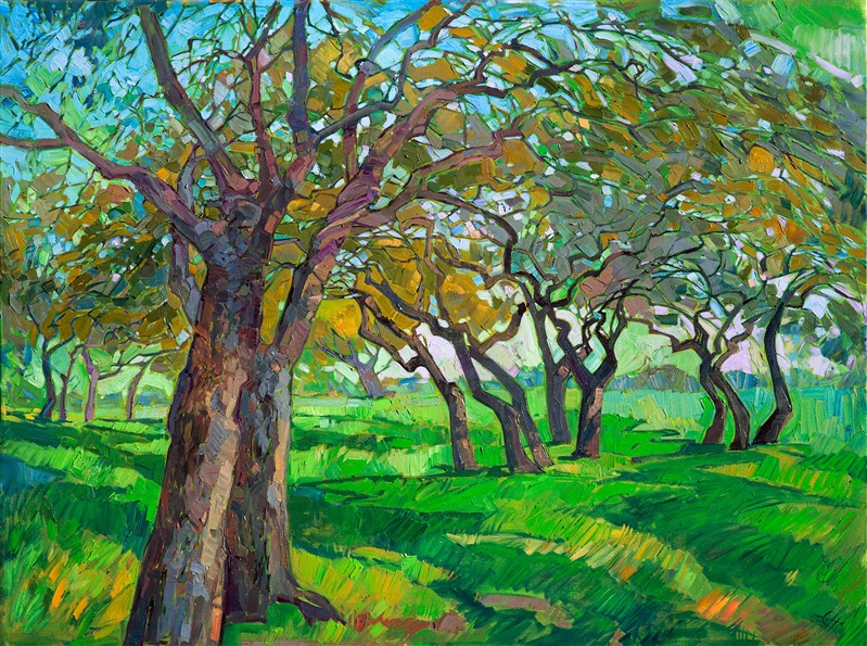 Abstracted oak trees form a mosaic of color and texture between their branches, their cool shadows dancing across the springtime grass.  Each brush stroke is boldly applied, with the natural texture of the oil paint evident in every stroke.  This landscape painting embodies the stylized approach of expressionism and the colorful imagery of classic impressionism.</p><p>This painting was created on a gallery-depth canvas with the painting continued around the edges. The painting will arrive ready to hang in a beautiful hardwood floater frame, ready to hang. </p><p>Exhibited: "Impressions in Oil", Studios on the Park. Paso Robles, CA. 2015