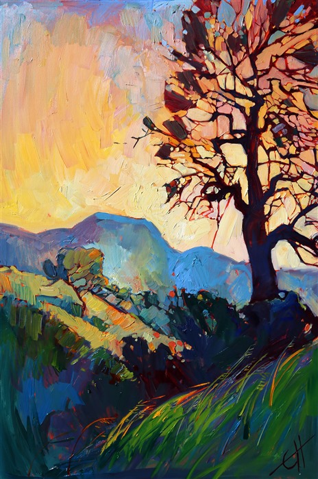 A myriad mosaic of colors filter through the dark oak branches, sparkling with blues, lavenders and yellow. The impressionistic style of this painting captures the movement and life of the California landscape.