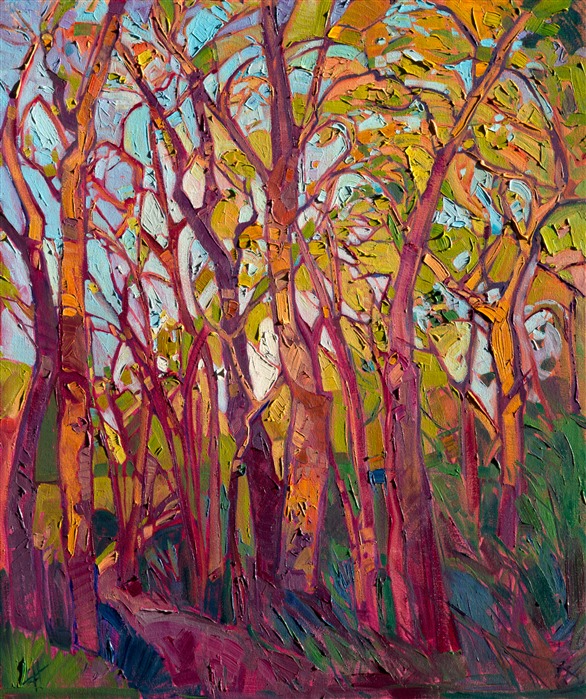 Mosaic light filters through these abstracted oaks trees, creating a tapestry of color and texture. This modern expressionist painting contains infinite movement within the pattern of the brush strokes.</p><p>This oil painting was created on 3/4" stretched canvas.  It arrives framed in a beautiful frame that complements the style of the branches pattern, and it will arrive ready to hang.  