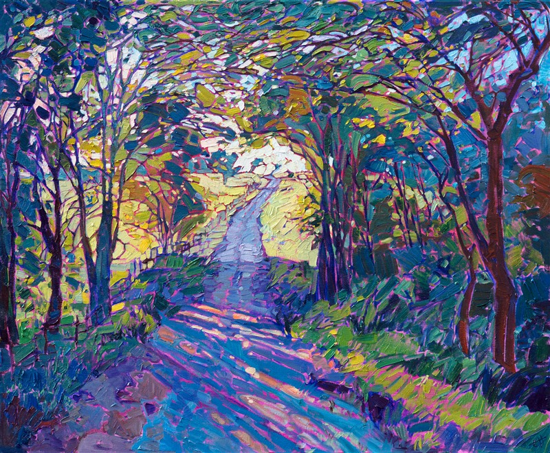 Softly rolling hills in Texas hill country inspired this painting.  The winding country roads are surrounded in bright green foliage in the spring that breathe life into the air.  The brush strokes in this painting are loose and impressionstic, a contemporary example of Open Impressionism.

This piece was done on 1-1/2" canvas, with the painting continued around the edges.  The painting has been framed in a simple gold floater frame.