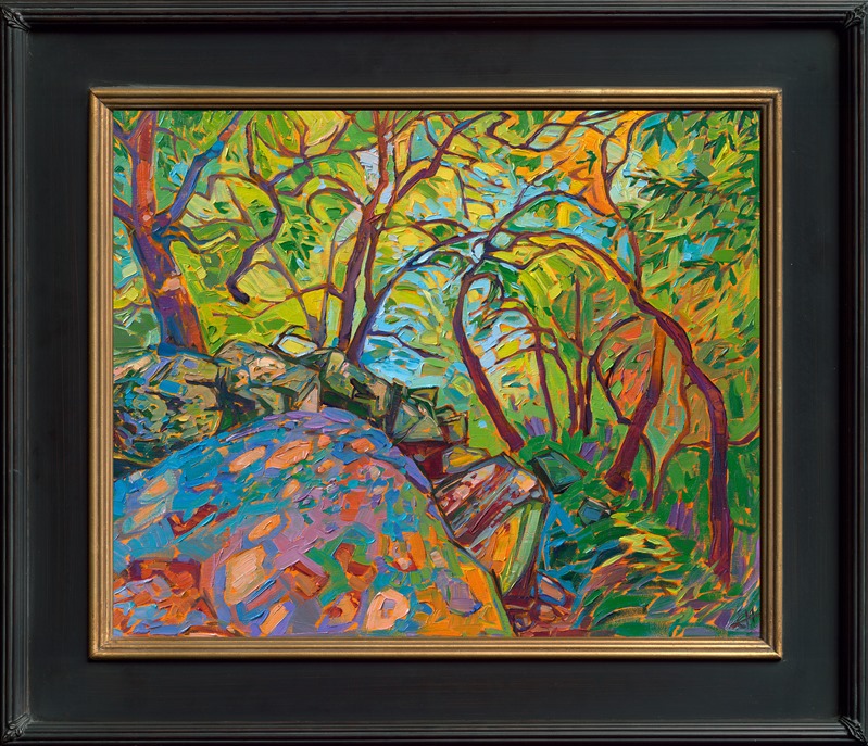 Abstract shapes of oak trees create an arbor of greenery above the moss-covered boulders, in this painting of Alpine, California. This impressionistic work captures the lovely changing colors and movement of the trees on a warm summer day.</p><p>"Mossy Oak" was created on linen board, and it arrives framed in a gold plein air frame.