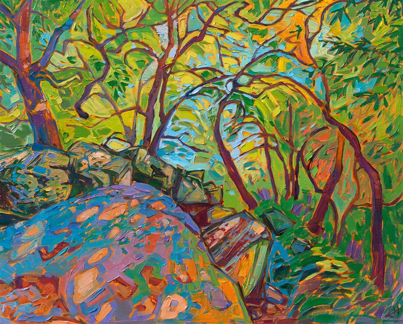 Abstract shapes of oak trees create an arbor of greenery above the moss-covered boulders, in this painting of Alpine, California. This impressionistic work captures the lovely changing colors and movement of the trees on a warm summer day.</p><p>"Mossy Oak" was created on linen board, and it arrives framed in a gold plein air frame.
