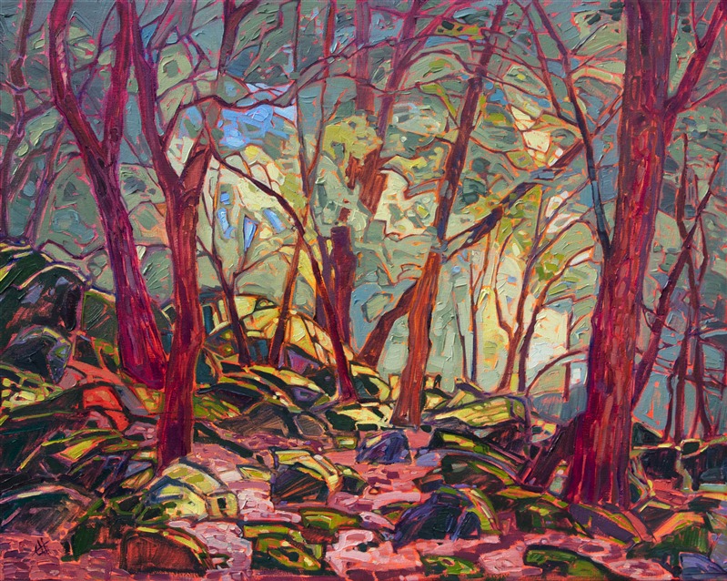 The overhanging oak trees cast criss-crossing shadows across the moss-covered boulders. The painting is cool and inviting, beckoning you into another world of impressionistic color.</p><p>"Mossy Shadows" was created on 1-1/2" canvas, with the painting continued around the sides. The painting arrives framed in a contemporary gold flaoter frame. 