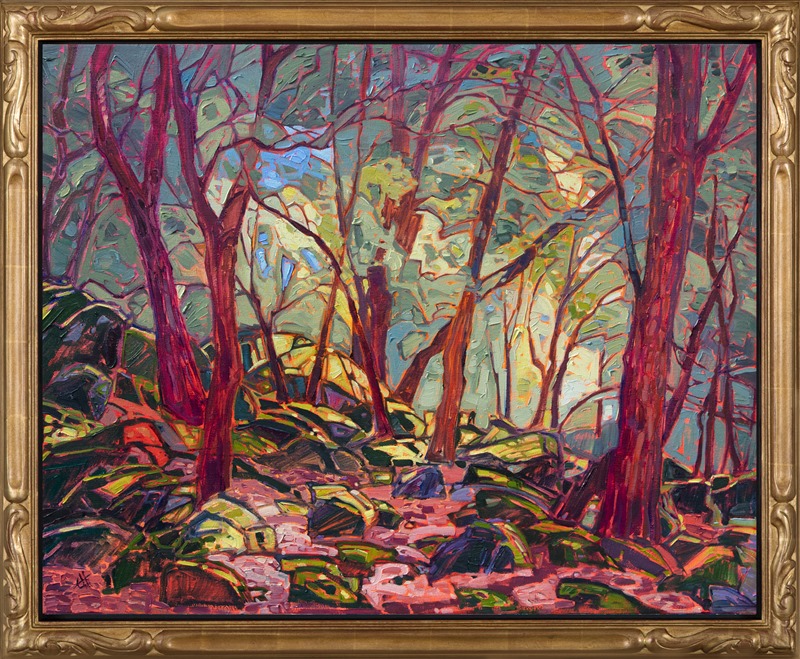 The overhanging oak trees cast criss-crossing shadows across the moss-covered boulders. The painting is cool and inviting, beckoning you into another world of impressionistic color.</p><p>"Mossy Shadows" was created on 1-1/2" canvas, with the painting continued around the sides. The painting arrives framed in a contemporary gold flaoter frame. 