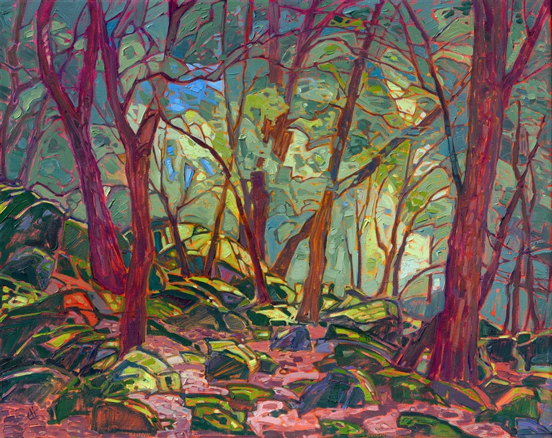 The overhanging oak trees cast criss-crossing shadows across the moss-covered boulders. The painting is cool and inviting, beckoning you into another world of impressionistic color.

This painting is being sold on consignment.

"Mossy Shadows" was created on 1-1/2" canvas, with the painting continuing around the sides. The painting arrives framed in a contemporary gold floater frame. 