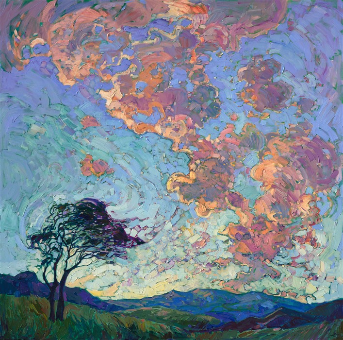 A wide Texan landscape dances with color and light in this contemporary expressionist oil painting.  The thickly applied brush strokes have a palette-knife look, with the paint being minimally worked on the canvas.  Each brush stroke is carefully placed to add a sense of motion to the overall painting.

This painting was created on 1-1/2" deep canvas, with the painting continued around the edges of the painting. The painting has been framed in a gold floater frame and arrives wired and ready to hang.