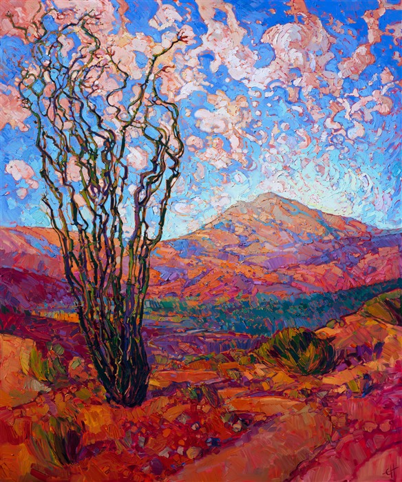 Vibrant color gleams from this desertscape.  The expressionist, almost abstract quality of the clouds and landscape create a sense of beauty beyond the ordinary desert colors.  Each brush stroke is deliberately applied to form a rhythm of light and texture across the canvas.  The piece captures the true feeling of being outside in the fresh outdoors.</p><p>This painting was created on 1-1/2"-deep canvas, with the painting continued around the edges of the canvas.  It has been framed in acontemporary gold floater frame, which complements the warm colors in this piece.