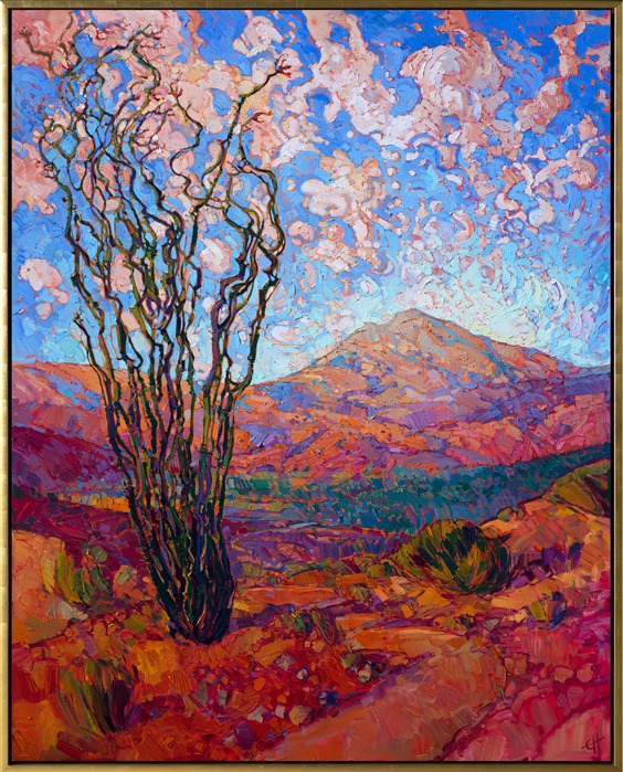 Vibrant color gleams from this desertscape.  The expressionist, almost abstract quality of the clouds and landscape create a sense of beauty beyond the ordinary desert colors.  Each brush stroke is deliberately applied to form a rhythm of light and texture across the canvas.  The piece captures the true feeling of being outside in the fresh outdoors.</p><p>This painting was created on 1-1/2"-deep canvas, with the painting continued around the edges of the canvas.  It has been framed in acontemporary gold floater frame, which complements the warm colors in this piece.