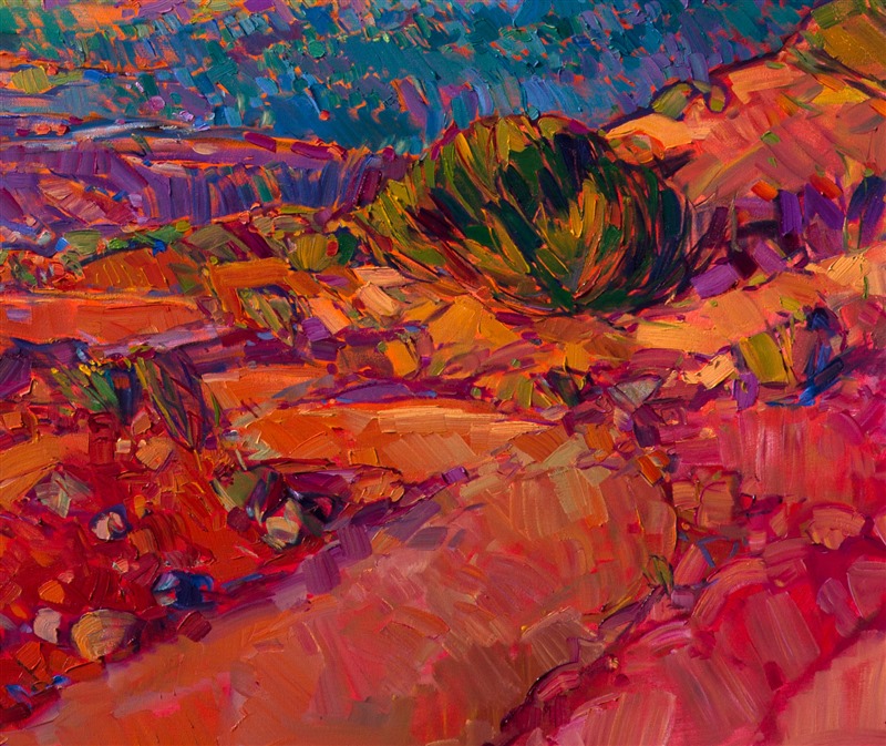 Vibrant color gleams from this desertscape.  The expressionist, almost abstract quality of the clouds and landscape create a sense of beauty beyond the ordinary desert colors.  Each brush stroke is deliberately applied to form a rhythm of light and texture across the canvas.  The piece captures the true feeling of being outside in the fresh outdoors.</p><p>This painting was created on 1-1/2"-deep canvas, with the painting continued around the edges of the canvas.  It has been framed in acontemporary gold floater frame, which complements the warm colors in this piece.