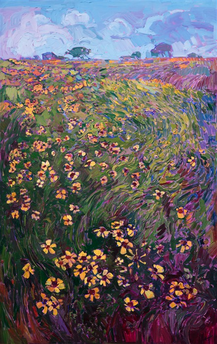 A sprinkling of Black Eyed Susans graces the hillside in this painting of Texas hill country.  Each colorful wildflower seems to be dancing among the long, flowing grasses. The brush strokes in this painting are alive with motion and texture, pulling your eye upwards to the clouded sky. 

This painting was done on 1-1/2" deep canvas, with the painting continued around the edges, wrap-around style. The painting has been framed in a carved gold floater frame.