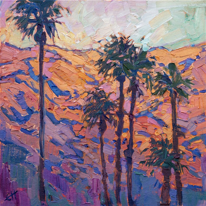 After doing a show in La Quinta, I was driving back to the 10 freeway and I saw this amazing sunset reflected in the west-facing mountains.  The rainbow sherbet colors were a beautiful contrast against the deep lavender shadows, and the iconic palms stood out starkly against the distant mountain range.</p><p>This painting was done on 1/8" canvas, and it arrives framed and ready to hang.