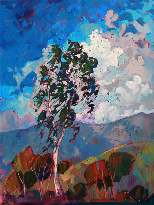 There is a beautiful eucalyptus tree outside the new Erin Hanson Gallery. The light changes on it daily, the Burbank mountains sometimes glowing a deep purple and other times a light ultramarine blue. This is the first of many paintings of this "Gallery Eucalyptus."