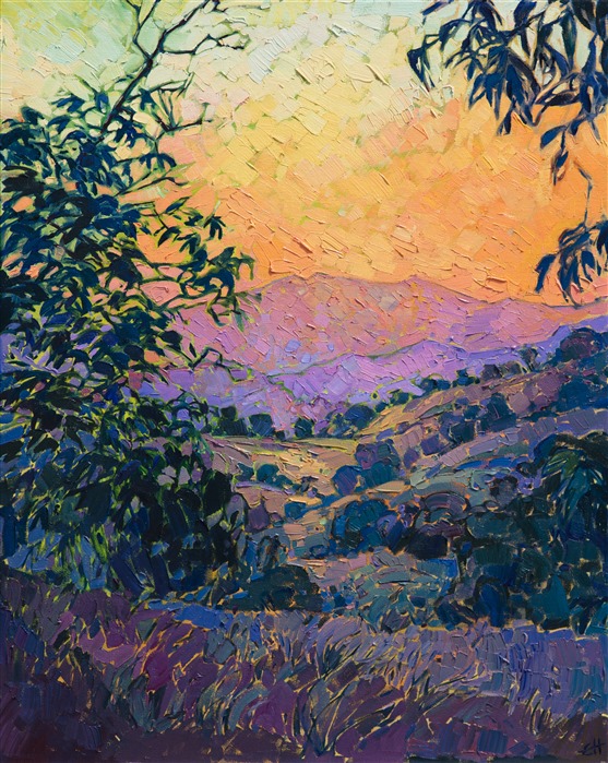 Paso Robles is captured here in brilliant color and hues of sunset. The brush strokes are thick and impressionistic, alive with motion.