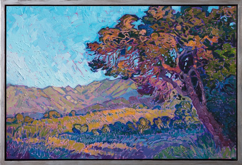 Warm afternoon light hits the boughs of the oak tree, glimmering with a multitude of hues. The distant mountain range curves softly in the distance, bordering the grassy plains. The brush strokes in this painting are loose and impressionistic, alive with color and motion.</p><p>This painting was created on 1-1/2" canvas, with the painting continued around the edges of the piece. The painting has been framed in a custom gold floater frame.</p><p>This painting was exhibited in <i><a href="https://www.erinhanson.com/Event/ErinHansonAmericanVistas/" target="_blank">Erin Hanson: American Vistas</i></a> at the Nancy Cawdrey Studios and Gallery in Whitefish, Montana, 2019.