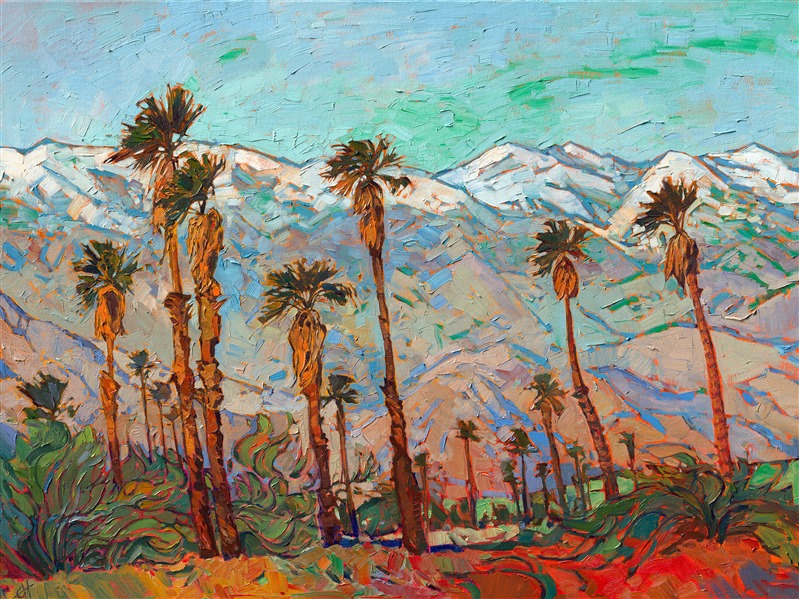 This painting captures a unique view of the iconic Palm Springs desert surrounded by snow-capped mountains. The California desert is not typically equated with snowy peaks but on rare occasions, the San Jacinto Mountains offer a rare and spectacular view for the desert lovers below. The colors of this piece are dynamic yet serene with the texture jumping right off the canvas. </p><p>This painting was created on 1-1/2" canvas, with the painting continued around the edges.  The piece arrives framed in a gold floater frame, ready to hang.