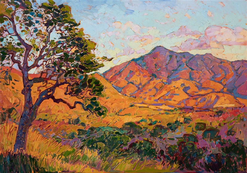 Color-drenched mountains frame a summer valley filled with oak trees.  This painting is a celebration of color and the natural beauty of the wide outdoors.  The brush strokes are thick and impressionistic, creating a sense of motion throughout the painting.</p><p>The painting was done on 1-1/2" deep canvas, with the painting continued around the edges.  The piece has been framed in a narrow gold floater frame.