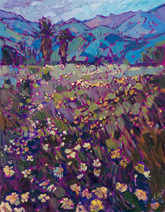 This petite oil painting captures the beautiful desert color of a wildflower super bloom at Borrego Springs.  This painting was created on linen board, and it arrives framed and ready to hang.

This painting will be displayed at <a href="https://www.erinhanson.com/event/californiasuperbloomartexhibition">The Super Bloom Show</a>, September 9th, at The Erin Hanson Gallery in San Diego.  If you purchase this painting before the show, your piece will be shipped to you after September 9th.